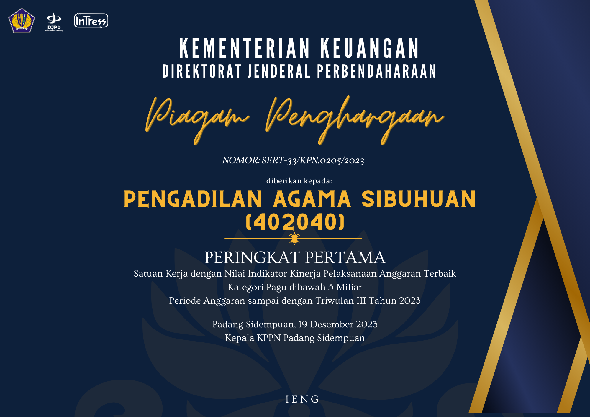 Piagam IKPA Terbaik Peringkat Pertama Pagu Dibawah Kecil TA. 2023