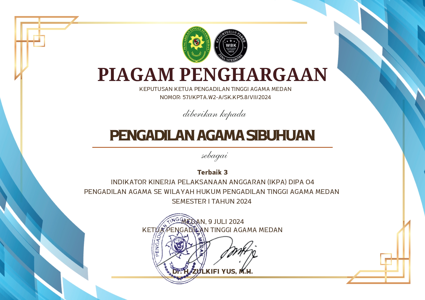 Piagam Satker Semester I 2024 (Kesekretariatan) IKPA DIPA 04 Terbaik 3